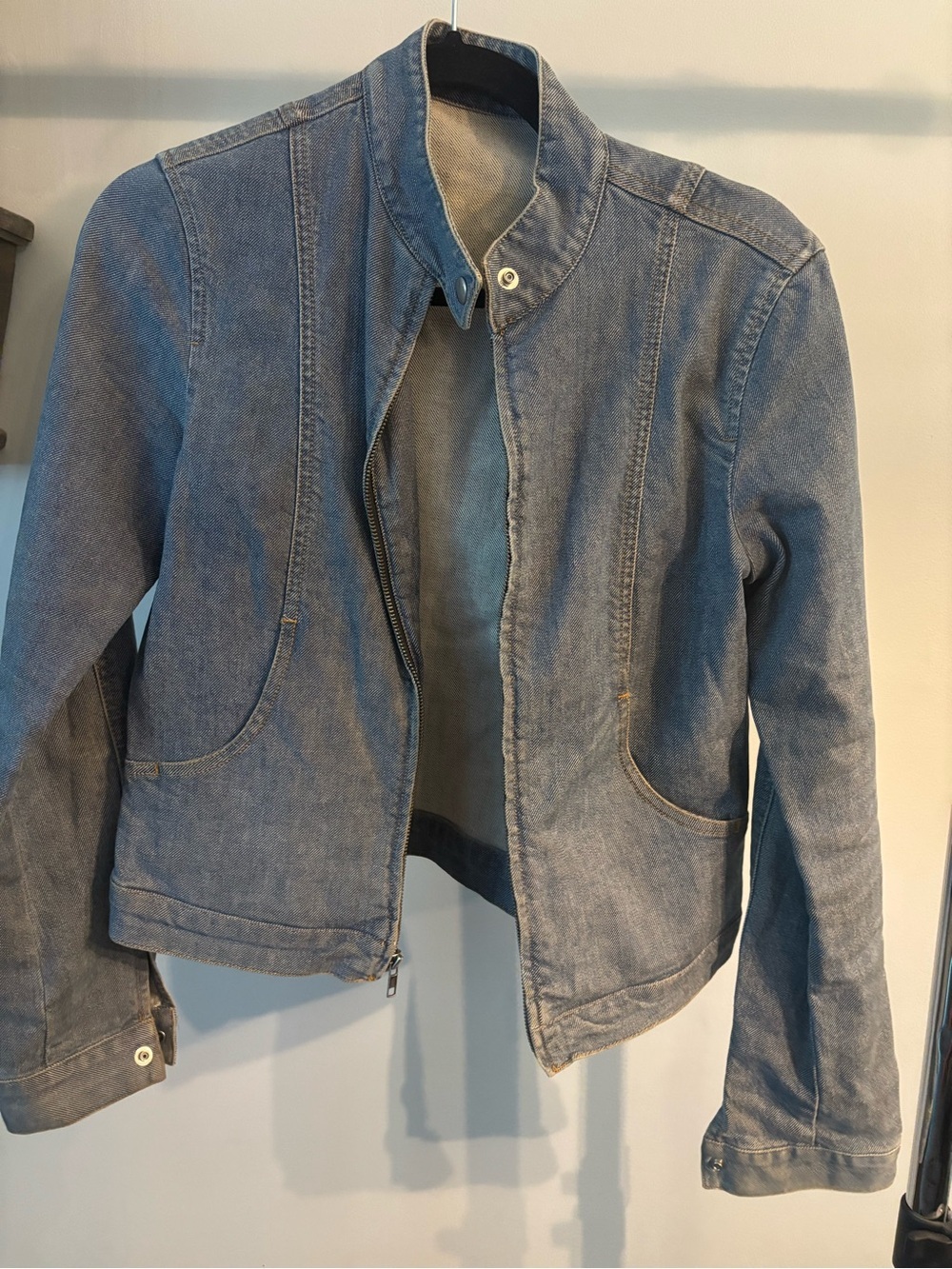 Theory Light Blue Jean Jacket with mandarin Snap and zipper size small - Picture 2 of 8
